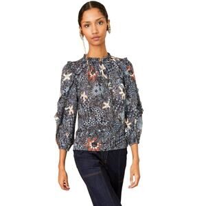 Ulla Johnson Manet Blouse in Azul Floral BOHO Ruffle trime size 0